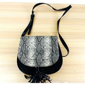 Y2K Snakeskin Crossbody Saddle Bag Boho Indie Black Python Tassel Flap Embossed